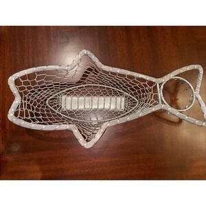 Vintage Woven Wire Fish-Shaped Basket with Glass Bead Fish Charms, Great Cond.